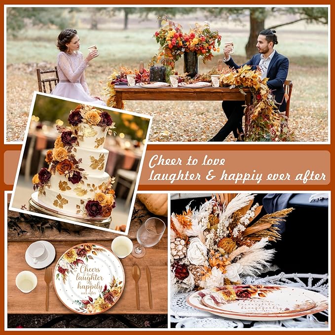 350 Pcs Boho Fall Wedding Bridal Shower Paper Plate Autumn Vintage Rose Pampas Grass Disposable Tableware Set With Knives Fork Cheers to Love Bachelorette Party Favor for 50 Guest