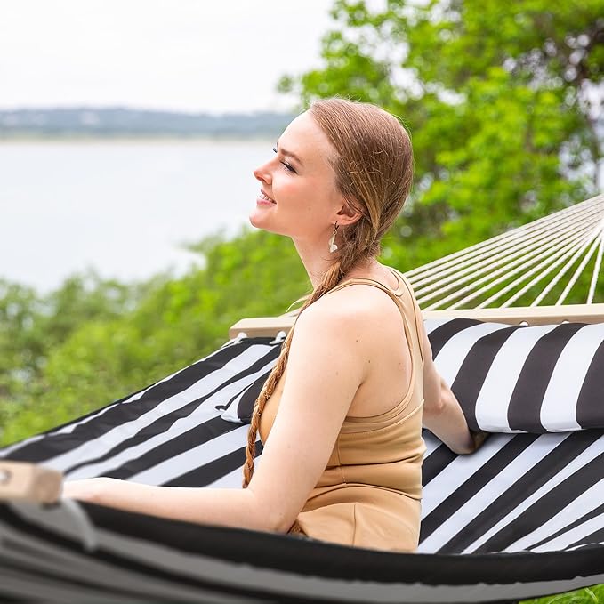 SUNCREAT Double Quilted Hammock with Hardwood Spreader Bar, Extra Large Soft Pillow, Heavy Duty 2 Person Hammock for Indoor, Outdoor, Black Stripes