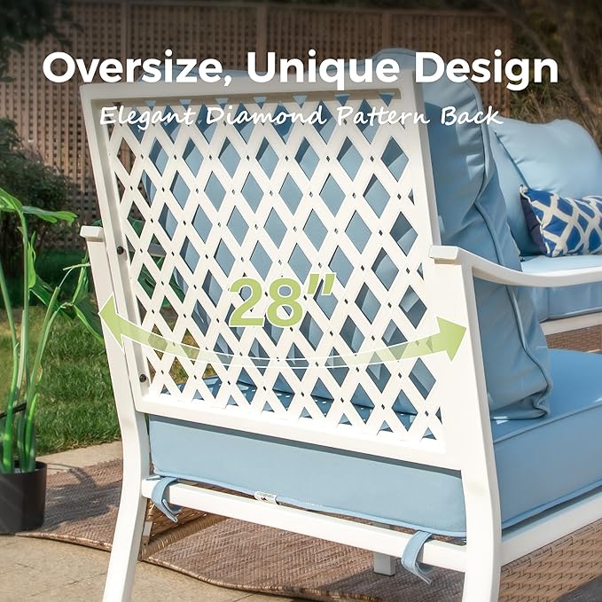 6 Piece Patio Furniture Set, 2 x Fixed Chair, 2 x Swivel Chair, 1 x 3-Seat Sofa with Marbling Coffee Table, All Cushioned 7 Seats Outdoor Conversation Set for Lawn Garden Backyard, Blue