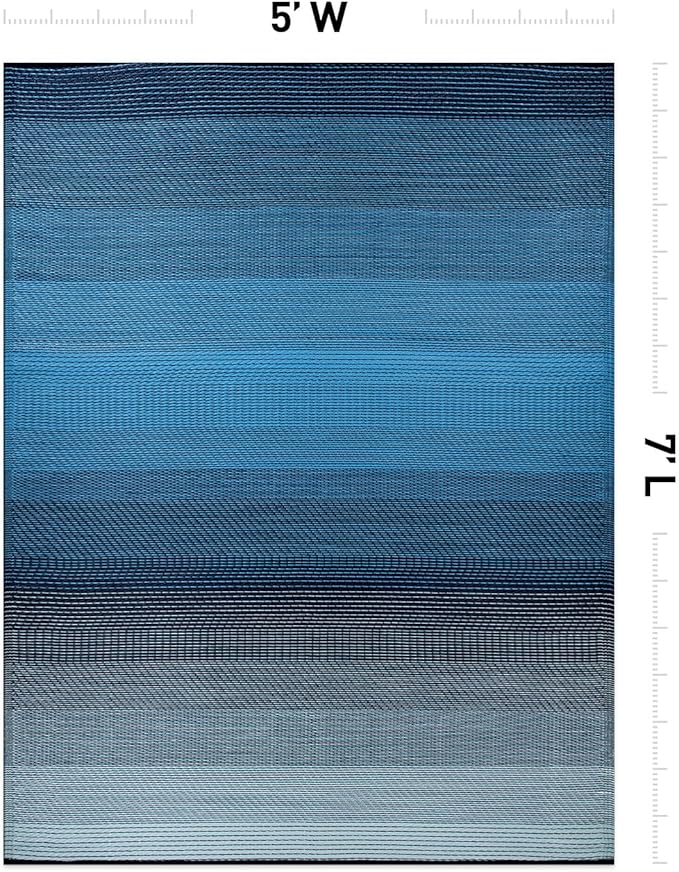 Rugshop Stripe Shade Reversible Crease-Free Waterproof Premium Recycled Plastic Outdoor Rugs for Patio,Backyard,RV,Deck,Picnic,Trailer,Beach,Camping,Sunroom Sky/Blue 5' x 7'
