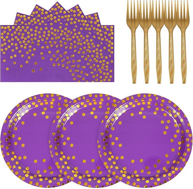 75PCS Paper Plates and Napkins Set - Purple and Gold Dot Disposable Party Dinnerware Includes Paper Plates, Napkins, Forks Decorations for Birthdays, Graduations, Weddings and Holidays, Serves 25