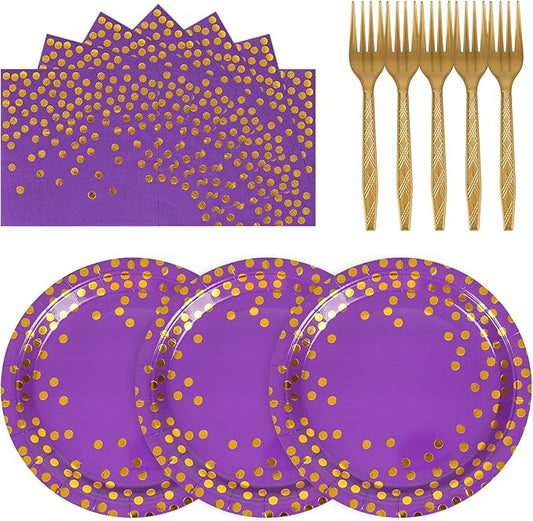 75PCS Paper Plates and Napkins Set - Purple and Gold Dot Disposable Party Dinnerware Includes Paper Plates, Napkins, Forks Decorations for Birthdays, Graduations, Weddings and Holidays, Serves 25