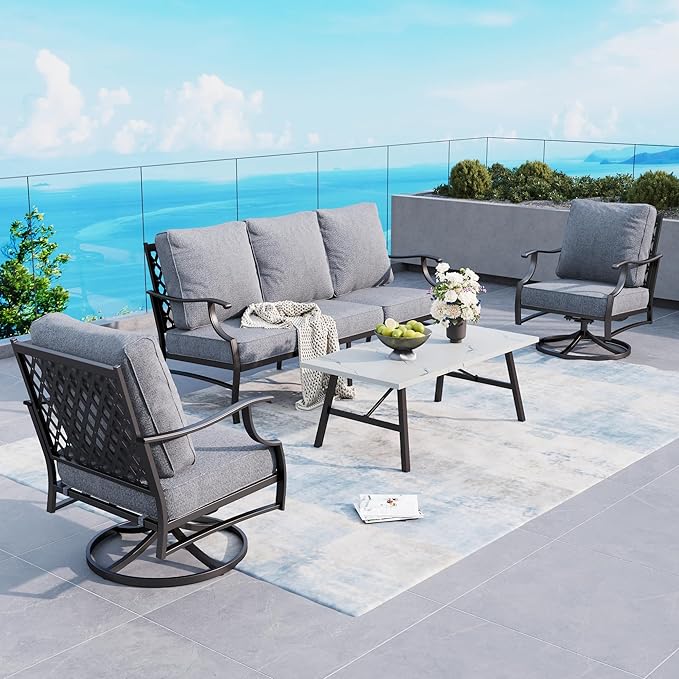 4 Piece Metal Outdoor Patio Furniture Set, Patio Conversation Sets 1 3-seater Sofa, 2 Swivel Chair with 5.75" Extra Thick Cushion and Coffee Table, Black Frame Backyard Furniture, Gray