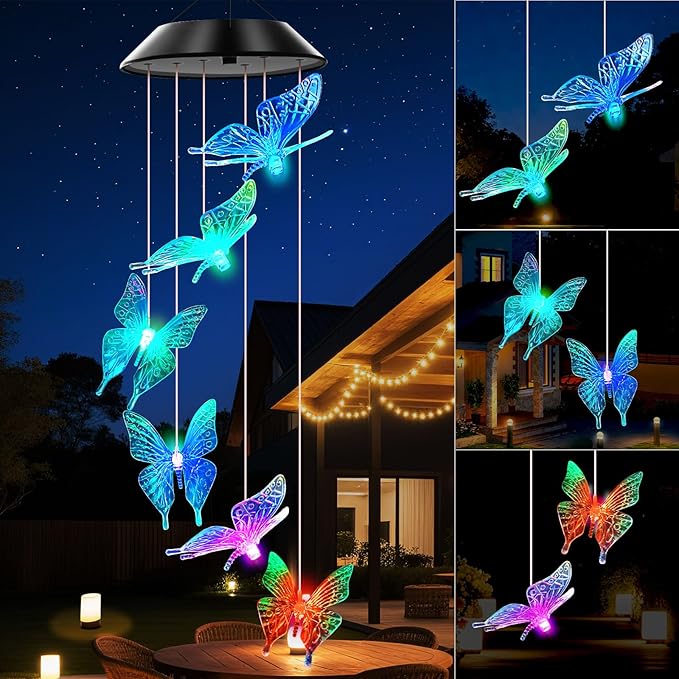Blue Butterfly Solar Wind Chimes Color Changing Lights Outdoor, Best Gifts for Mom Grandma Women Wife Aunt Daughter Sister, Unique Mobile Wind Chime, Gardening Yard Decorations