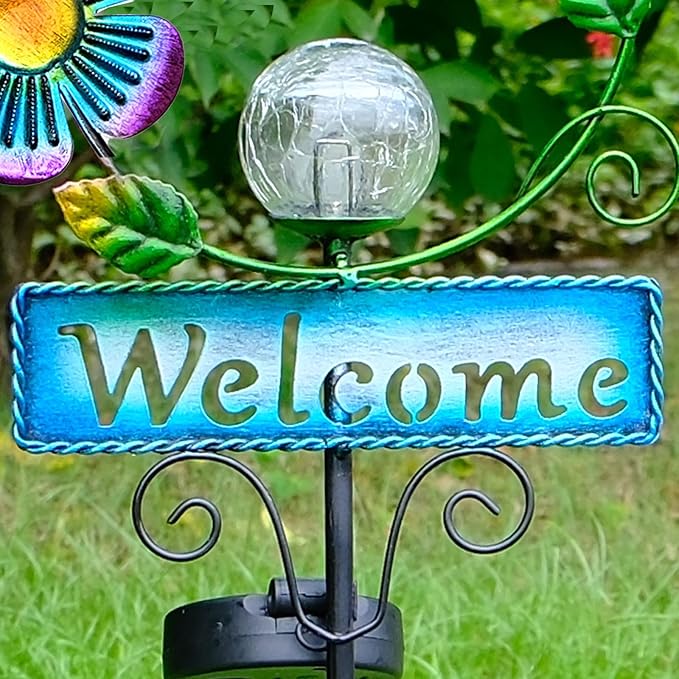 Outdoor Solar Garden Lights with Welcome Sign, Butterfly Ornament Metal Stake Lights for Lawn, Patio, Cracked Glass Balls, for Mom (Butterfly)