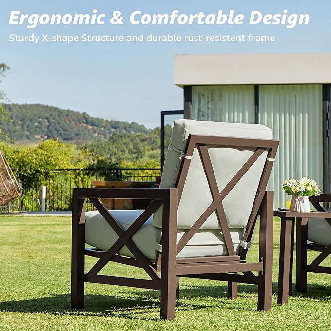 NATURAL EXPRESSIONS 4 Pieces Patio Furniture Set, Outdoor Furniture Sofa Sectional Modern Metal Patio Conversation Set with High Back Backrest & 3 Seater Loveseat and 2 Fixed Chairs