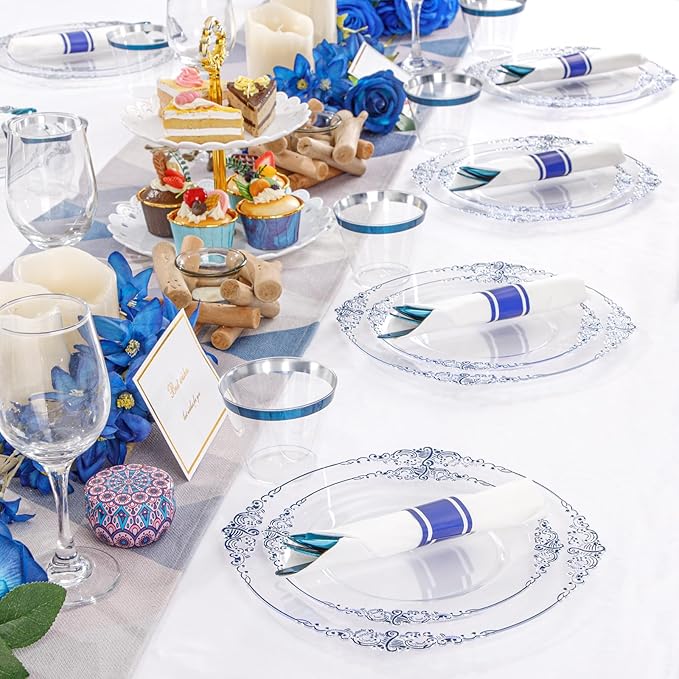 Hioasis 175pcs Clear Blue Plastic Plates - Elegant Disposable Dinnerware Set Suitable for 25 Guests Include 10.25" Dinner & 7.5" Dessert Plates, Pre Rolled Silverware Set, Cups for Party & Wedding