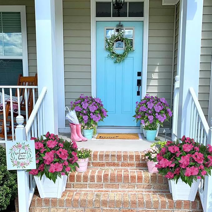 8 Pcs Artificial Impatiens Flowers for Outdoors Faux Impatiens Bushes Silk Flowers Purple UV Resistant Faux Flowers for Outdoor Planters Pot Lawn Balcony Hanging Basket Porch Decor