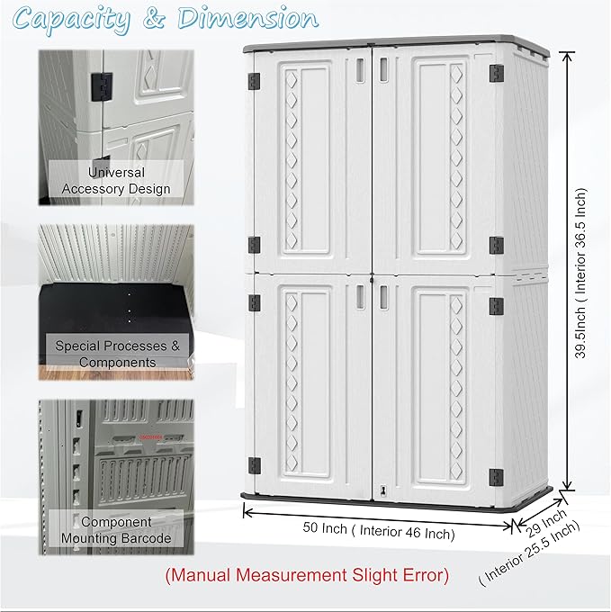 Vertical Resin Storage Shed, 52 Cubic Feet Outdoor Storage Cabinet Waterproof for Garden/Backyard/Home/Pool, Customized Shelves & Lockable(Off White)
