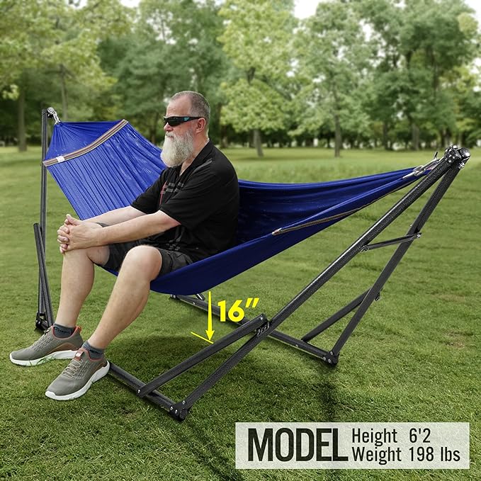 Tranquillo Universal Hammock 600 lbs Capacity, Instant 20s Foldable Hammock Stand, 3-Year Warranty Hammock with Stand, 2 Person Camping Hammock Revolutionary Portable, No Screws, Premium, Blue