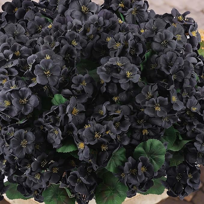 Hananona 12 Bundles Artificial Geranium Flowers for Outdoors Black Silk Geranium Flowers Outdoor UV Resistant Plants Faux Black Flower for Home Kitchen Halloween Table Centerpieces Decor (12, Black)