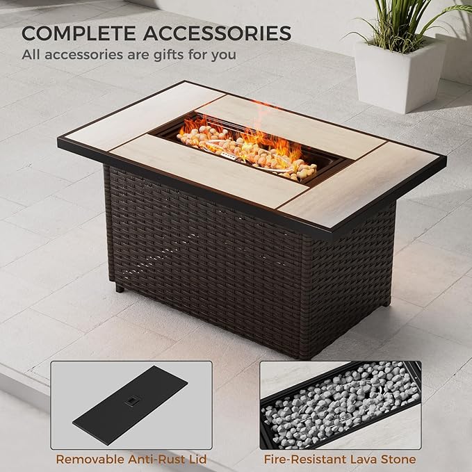 Grand patio 8-Piece Patio Furniture Set with 47" Fire Pit Table, Outdoor Conversation Set & 50,000 BTU 47 Inch Rectangle Propane Fire Pit with Water Resistant Blue Thick Cushions, Brown