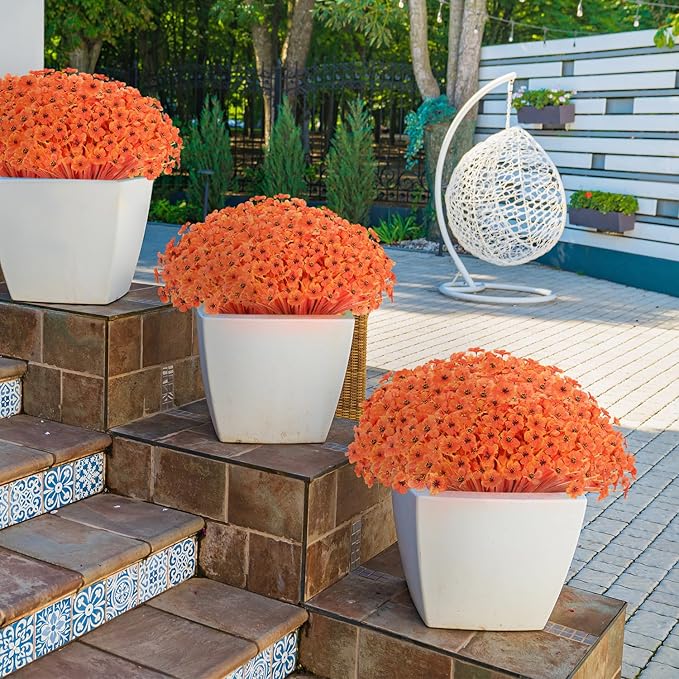22Bunches of Outdoor Artificial Flowers, UV Resistant Fake Flowers Artificial Silk Flowers with Plastic Plants for Indoor Outdoor Front Porch Hanging Planter Decoration (22, Autumn Orange)