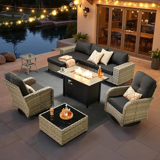 HOOOWOOO Outdoor Sectional Furniture Set with Fire Pit Table,9 Pieces Wicker Patio Conversation Sets,L Shape All Weather Outside Couch Sofa Set with Swivel Chairs Ottoman,Black