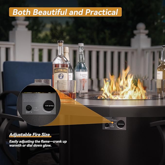 Kurapika 5 Piece Modern Metal Outdoor Conversation Sets, Patio Furniture Set, 4 Aluminum Swivel Chairs w/48in Round Propane Fire Pit Table and Thickened Cushions, Navy Blue