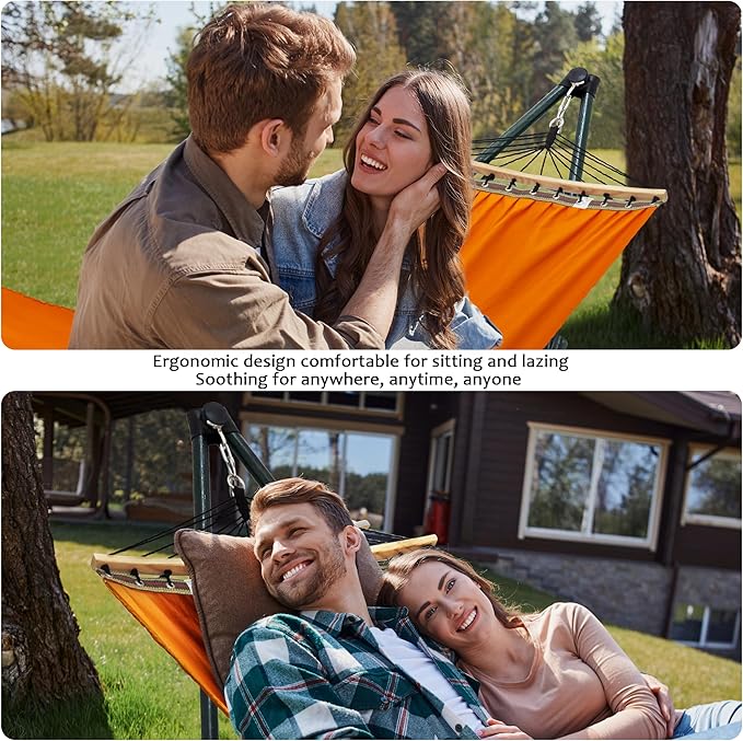 Tranquillo Sturdy Steel Hammock with Stand Premium Cotton Canvas Hammock, 600 lbs Capacity Hammock Stand Folding, Portable 30-Second Fold Unfold Hammock for Camping, Orange