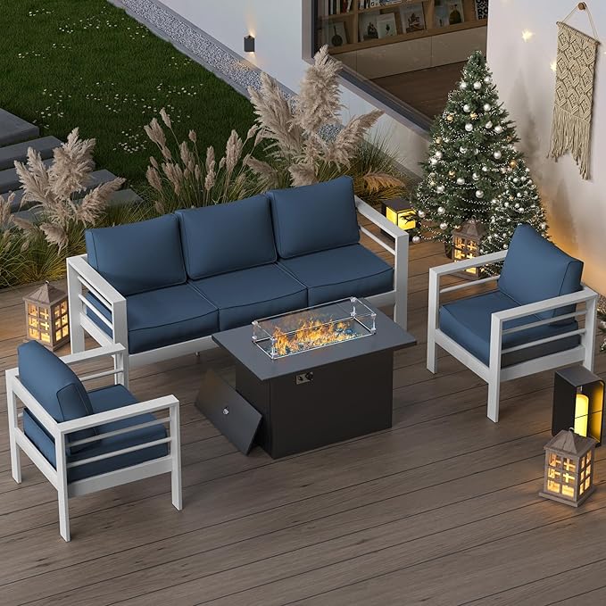 Patio Furniture Set with Fire Pit Table, Aluminum Patio Furniture Set,Blue Outdoor Metal Sectional Sofa with Aluminum Fire Pit Table for Garden Backyard (Include Waterproof Cover)