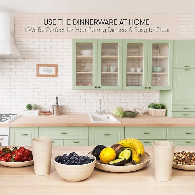 Wheat Straw Dinnerware Sets | Unbreakable Dinnerware Sets | Dishwasher Microwave Safe Dinnerware | Eco Friendly Non Breakable Dinnerware Sets | RV Outdoor Camping (Beige, Service for 8 (32 pcs))