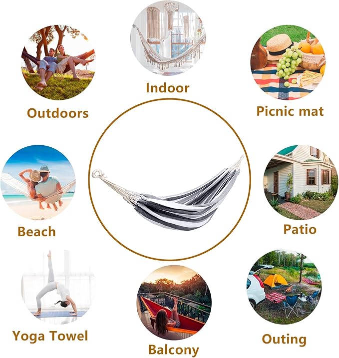 Double Hammock Brazilian Hammocks with Portable Carrying Bag,Soft Woven Fabric, Up to 450 Lbs Hanging for Patio,Trees,Garden,Backyard,Porch,Outdoor and Indoor XXX-Large Grey&White Stripe