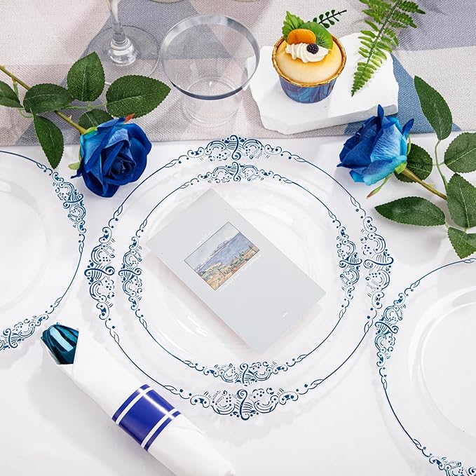 Hioasis 175pcs Clear Blue Plastic Plates - Elegant Disposable Dinnerware Set Suitable for 25 Guests Include 10.25" Dinner & 7.5" Dessert Plates, Pre Rolled Silverware Set, Cups for Party & Wedding