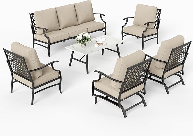 6 Piece Metal Outdoor Patio Furniture Set, Patio Conversation Set 1 3-seater Sofa, 2 Rocking Chair, 2 Leg Chair with 5.75" Thick Cushion and Coffee Table, Backyard Furniture Set, Beige