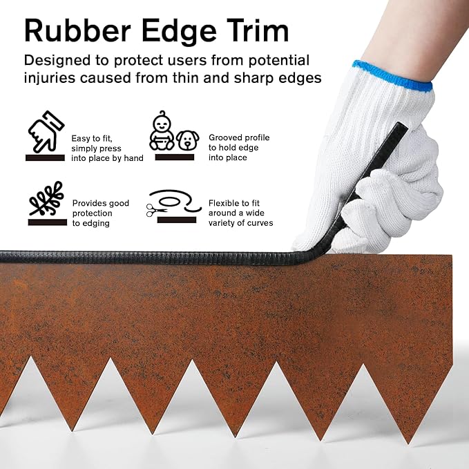 Worth Garden 6-Pack Cor-Ten Steel Landscape Edging with Black Protection Strips - Rust Patina Finish 40" L x 8" H (20Ft Total) - Hammer-in 14-Gauge Metal Corten Lawn Yard Edging Border w/ 7 Clips