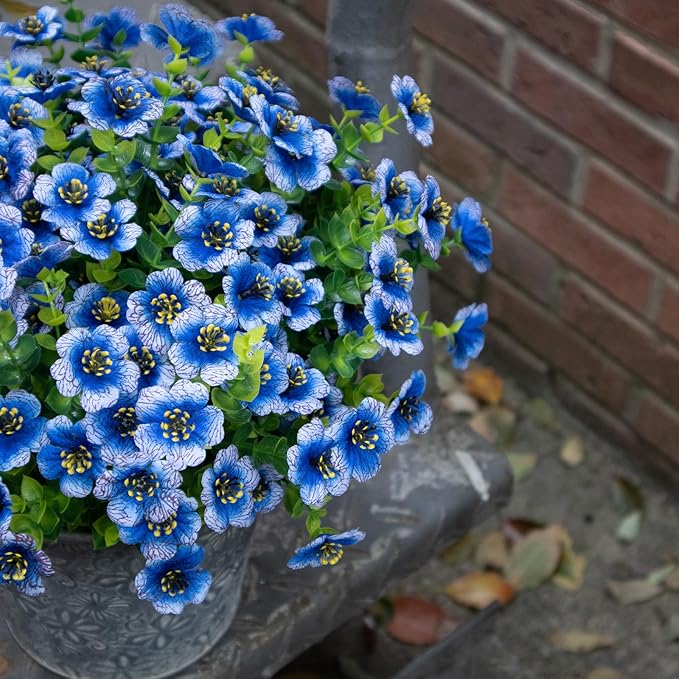 Artificial Flowers for Outdoors, 10 Bundles UV Resistant Artificial Outdoor Flowers, Not-Fading Silk Faux Flowers for Outdoor Planters for Home Garden Porch Decor, Blue