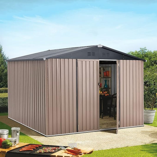 U-MAX 8' x 10' Shed Outdoor Storage Shed Clearance, Extra Large Yard Steel Metal Garden Shed with Design of Lockable Doors, Tool and Utility Storage for Backyard, Garden, Patio, Outside use in Taupe