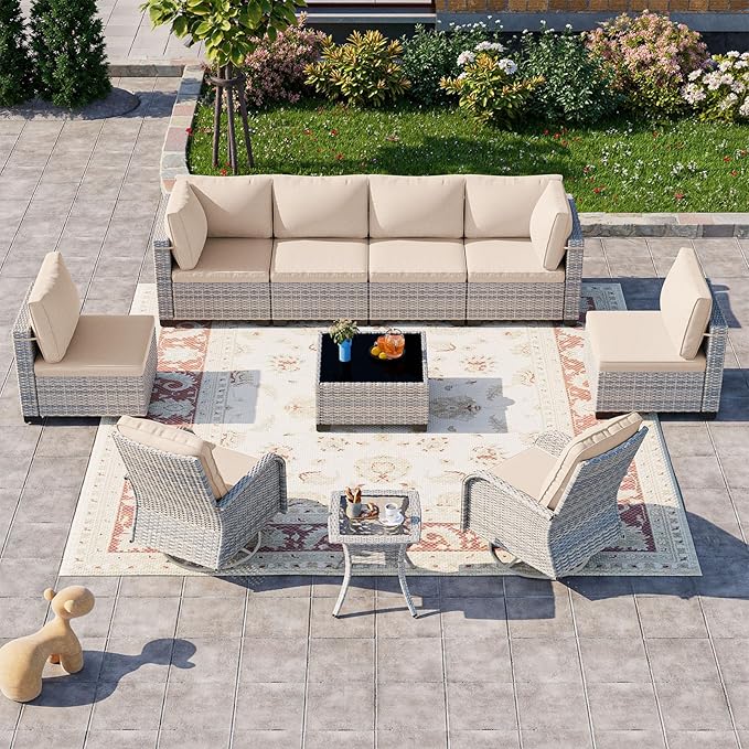 10-Piece Patio Furniture Set, Outdoor Patio Furniture with Swivel Chairs Set, Thick Cushions, Modular Patio Sofa, Dual-Strand Wicker Rattan, Rust-Resistant Frame, Sand