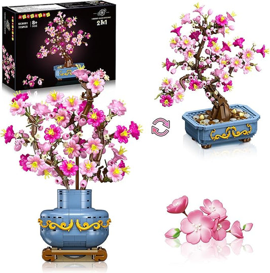 HOGOKIDS Flowers Cherry-Blossom Bonsai Building Set - 2 in 1 Artificial Bonsai Tree Plants for Home Decor & Display Cherry Botanical Flowers Building Toy Birthday Gift for Adults Teens (775PCS)