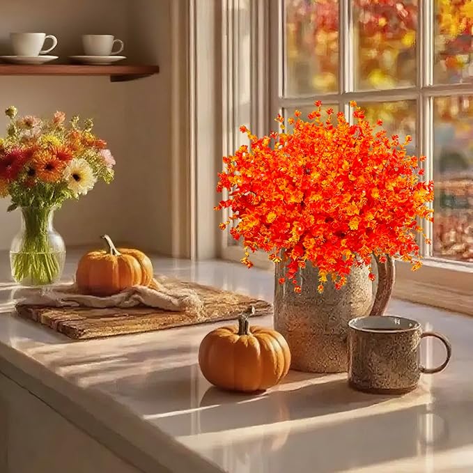 Ivydale Artificial Flowers for Outdoor Spring Decoration, 12 Bundles Eucalyptus Fake Plants UV Resistant, Faux Flowers Plastic Greenery Bushes Shrubs for Home Porch Outside Decor (Fall)