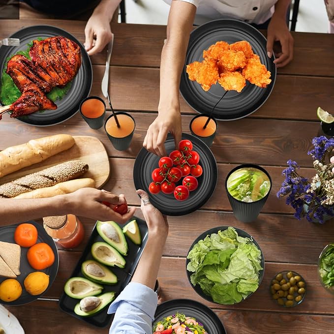 Wheat Straw Dishes Set for 4, Dinnerware Sets 16 piece, Unbreakable Plates, Bowls, Cups Sets for Kitchen Parties Camping RV - Grey