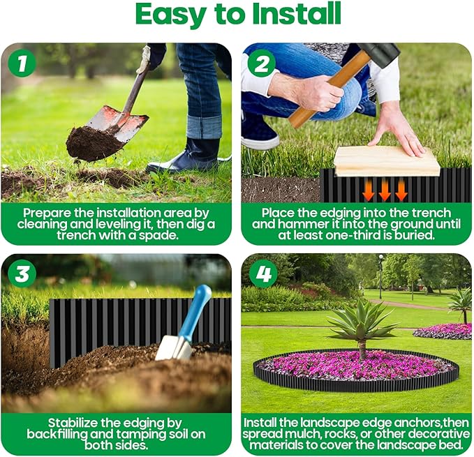 Corrugated Metal Garden Edging,Sturdy Tall Landscape Edging Borders with 6pcs Anchor Stakes, Perfect DIY for Flower Beds, Lawn and Pathway,Tree Surrounds,Paver Edges (Black 10"×20FT)