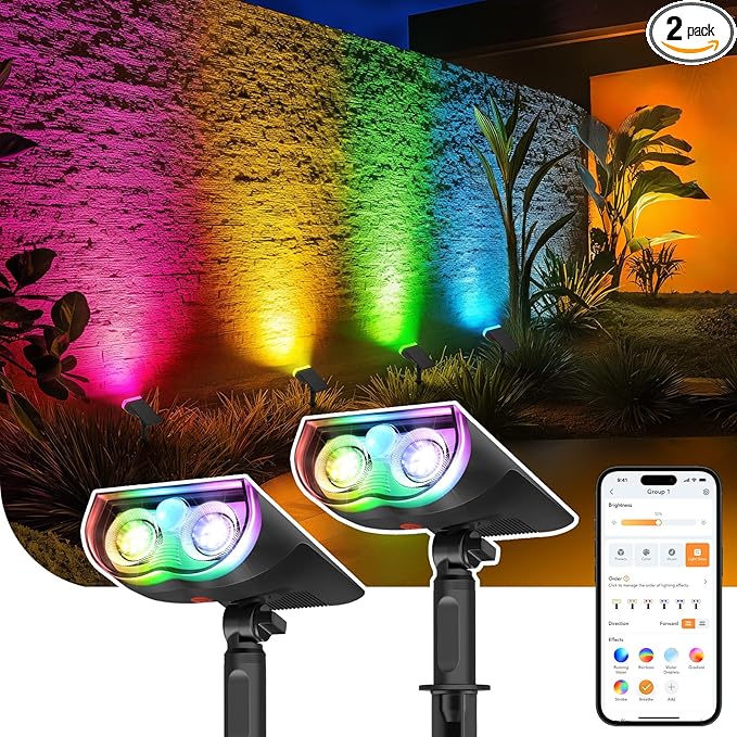 Linkind Smart Solar Lights Outdoor SL5 with Motion Sensor, APP Control Color Changing Solar Spot Lights Outdoor, IP65 Landscape Lighting, Halloween Decorations for Yard, Garden, Pathway(2 Pack)