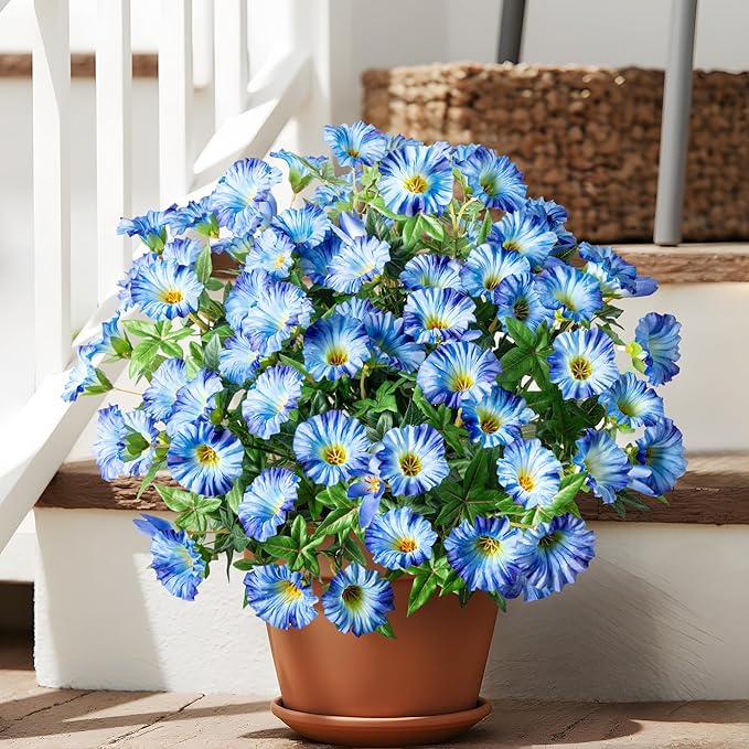 Artificial Flowers Fake Flowers Plants 13.3in Artificial Morning Glory Silk Flowers Uv Resistant Artificial Outdoor Plants 8PCS for Yard Decorations Outdoor(Blue)
