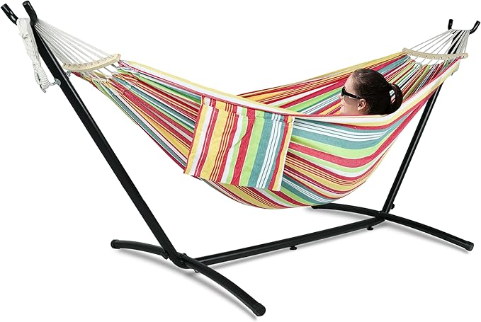 Double Hammock with Stand for Outside, Upgraded Spreader Bar, Heavy Duty Space Saving Steel Stand 2 Person, Side Pockets, Easy Assembly, 600lbs Weight Capacity, Indoor & Outdoor (Salsa Orange)