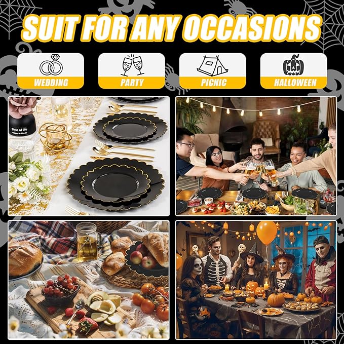 SUT 72 PCS Black Plates,Black Plastic Plates with Gold Rim, Plates Disposable Heavy Duty, 10.25 inch Plastic Dinner Plates, Black Disposable Plates for Party,New Year,Halloween