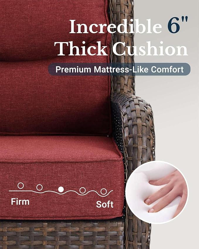 HILLGA Luxury Patio Furniture Set with 6-inch Thick Cushion, Outdoor Couch and High Back Swivel Rocker Patio Chairs, 7PCS Wicker Conversation Set for Deck Yard and Poolside, Burgundy (V2)