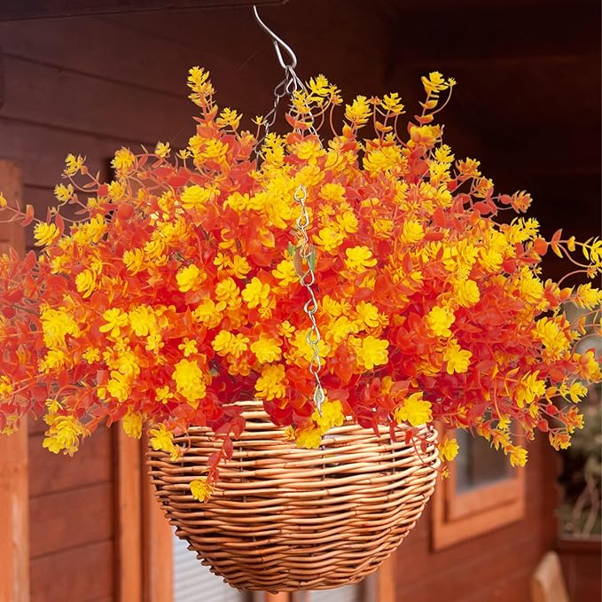 12 Bundles Artificial Fall Flowers for Outdoors, Artificial Plants UV Resistant Fall Fake Mums Plants for Outside Halloween Christmas Porch Decoration ecorations (Fall Orange)