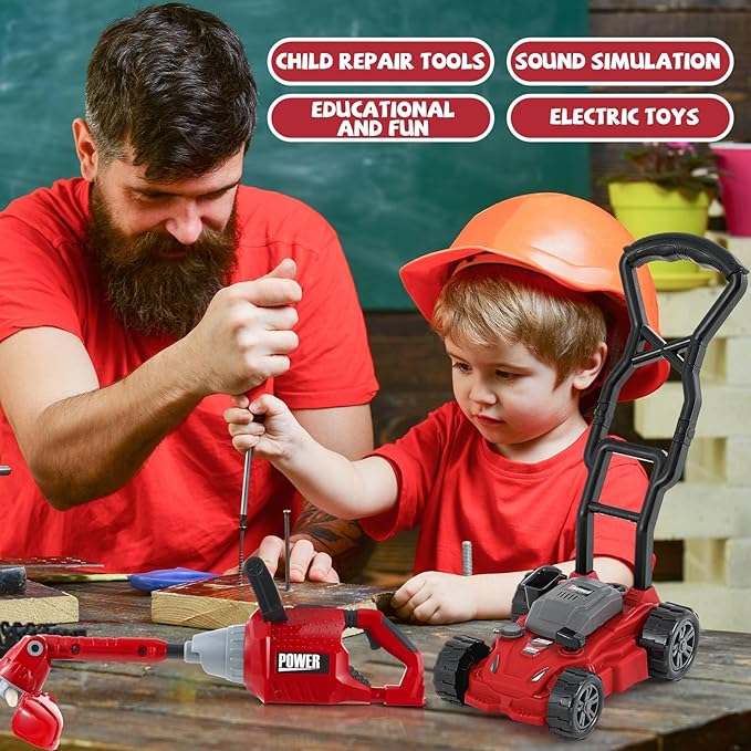 2 Pcs Toy Gardening Tool Set for Kids Toy Weed Trimmer, Push Lawn Mower Battery Powered Gardening Tool Set with Lights and Sounds Gift for Boys Girls