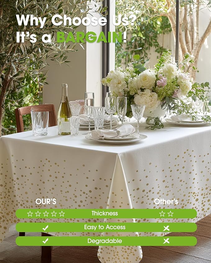 Pureegg Plastic Table Cloth Disposable 8 Pack, 54 x 108 Inch Table Cloths, Graduation Decorations Class of 2025, Graduation Tablecloths, Rectangle, Plastic Cover, Leakproof & Sturdy, White and Gold