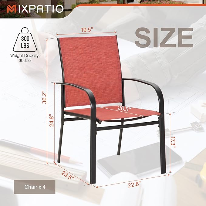 4 Pieces Outdoor Textilene Dining Chairs,Patio Dining Chairs Set, Fixed Patio Chairs with Armrest, Red