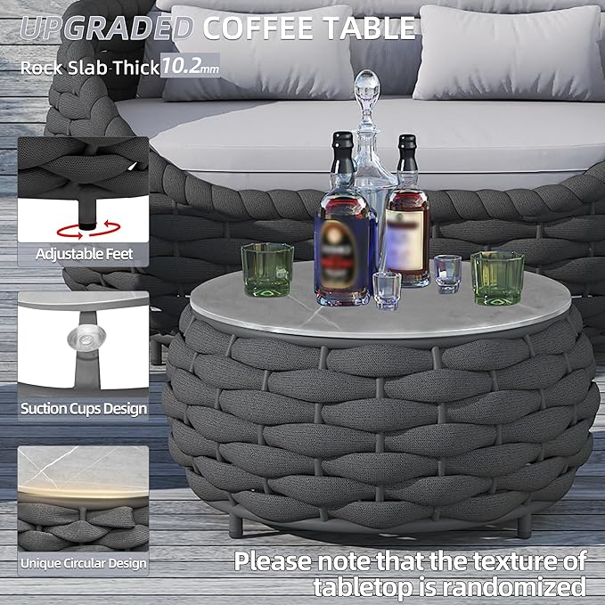 TWT Patio Furniture Sofa Set 4 Pieces Aluminum Outdoor Furniture w/27.8in Coffee Table,Patio Conversation Set with Dark Grey Textilene Rope Grey Cushions for Sunroom Backyard Poolside Indoor