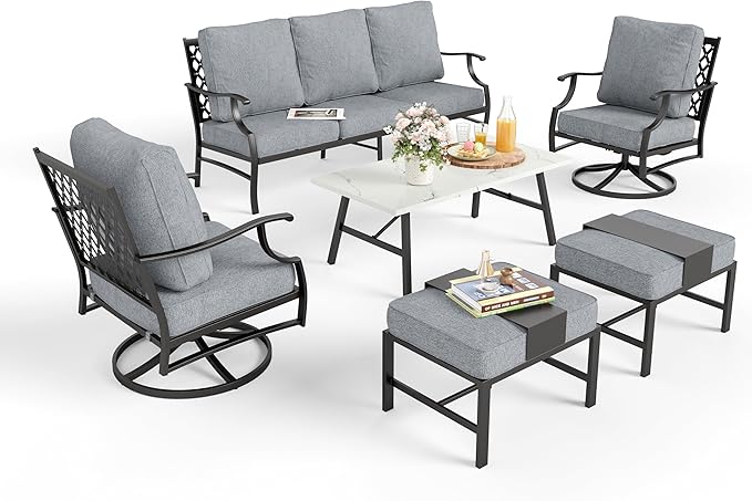 Patio Furniture Set 6 pcs, Outdoor Patio Furniture, 3-Seat Sofa, 2 Swivel Chairs, 2 Ottomans, Coffee Table and 5.75" Extra Thick Cushion, Patio Conversation Set for Garden Backyard Deck,Grey