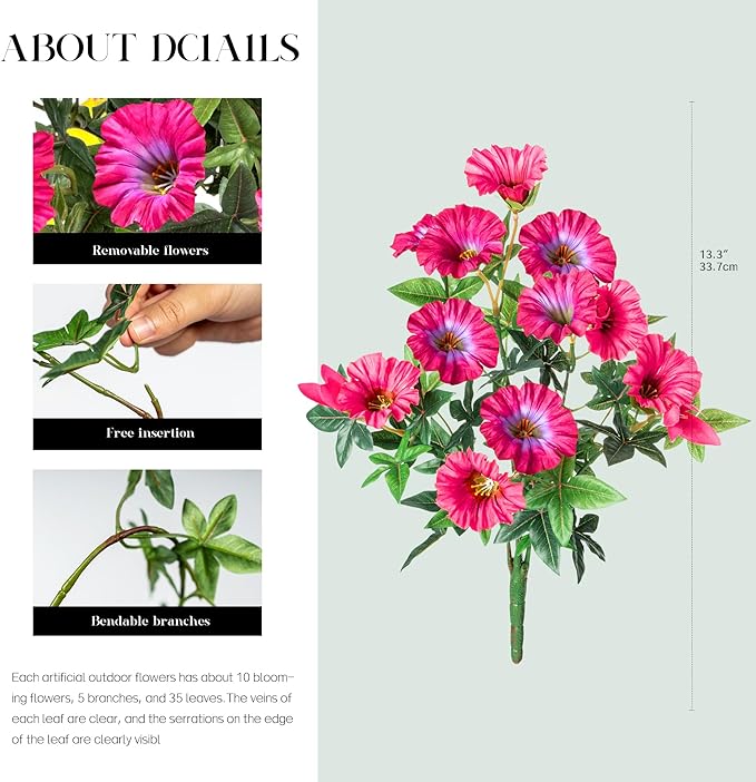 4 Pcs UV Resistant Artificial Petunias Fake Flowers Artificial Flowers for Outdoors Silk Flowers Fake Hanging Basket Plants Suitable for Outdoor Porch Decoration patio Decor 13.3In (Rose red)