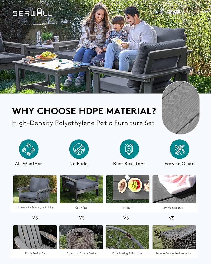 SERWALL HDPE Patio Furniture Set with 15FT Double Side Patio Umbrella, 7-piece Outdoor Modular Sectional Sofa Set, All Weather Patio Couch Set for Deck, Gray & Gray Cushion（Umbreall Base not Included）