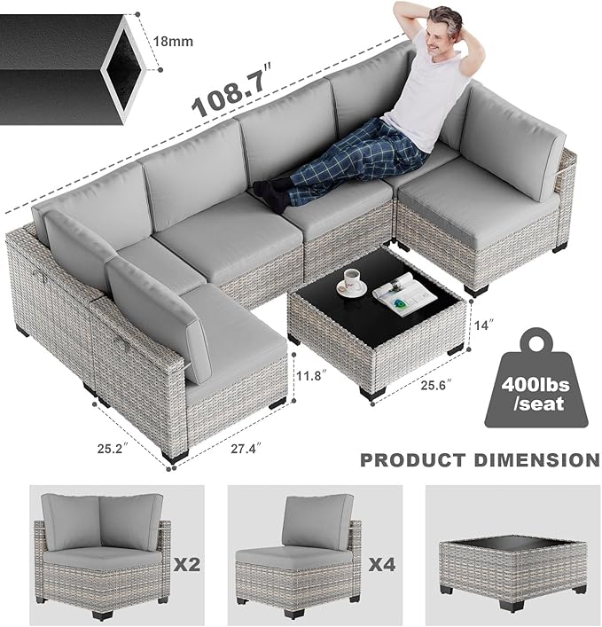 7-Piece Patio Furniture Set, Outdoor Sectional with Thick Cushions, Modular Patio Sofa, Dual-Strand Wicker Rattan, Rust-Resistant Frame, Backyard Furniture for Garden, Deck, Grey