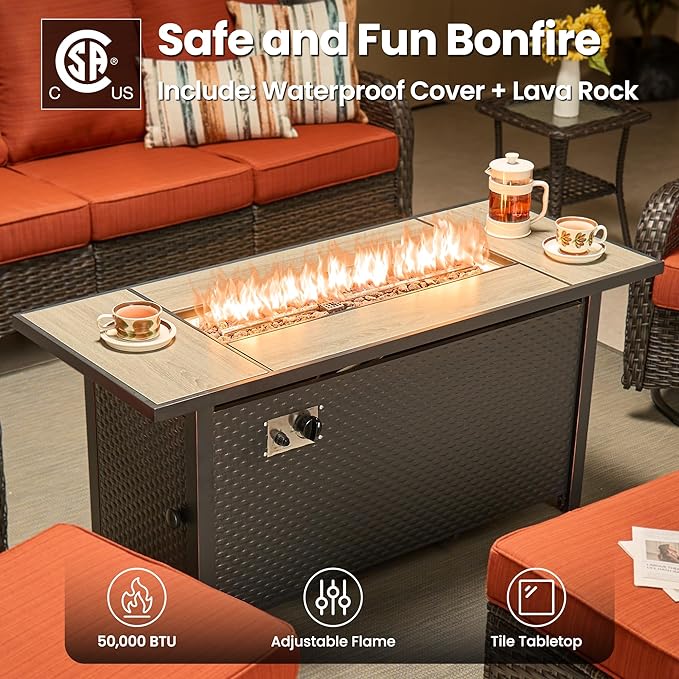 ovios 7 Pieces Patio Furniture Set, Outdoor Wicker Sofa Couch with Swivel Chairs 54" Fire Pit Table, All Weather High Back Modern Conversation Sets, Brown Rattan, Orange Red