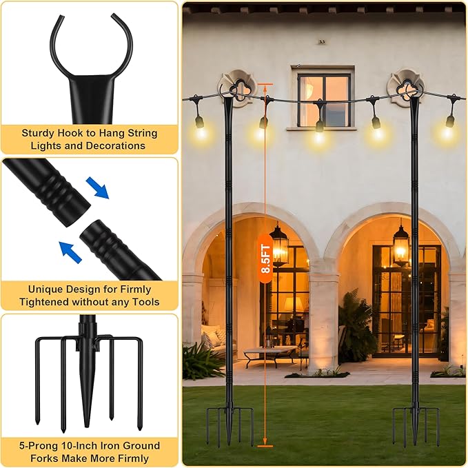 Suchtale 8.5FT Poles for String Lights with Forks, 2 Pack Metal Stands with Hooks & 5-Prong Base for Garden, Patio, Fence, Deck, Backyard, Wedding, Black, Built for Tough Environments