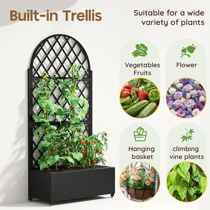 Metal Raised Garden Bed with Trellis & Wheels,70" x 35"x 15.7" Planter Box with Trellis,Privacy Planters for Patio,Garden Bed for Climbing Plants,Suitable for Climbing Plants and Vegetables,Black
